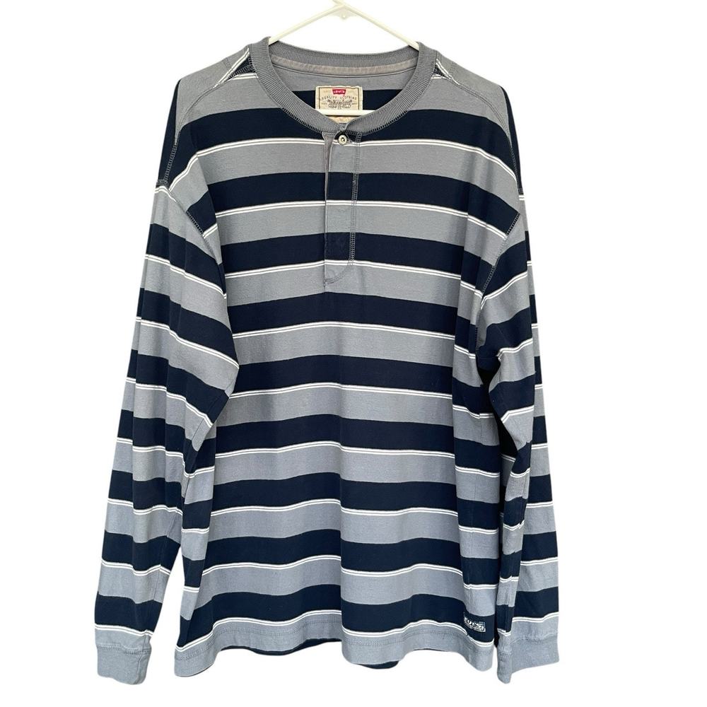Levis Mens Henley‎ Shirt Extra Large XL Striped Hidden Button Y2K Blue Casual